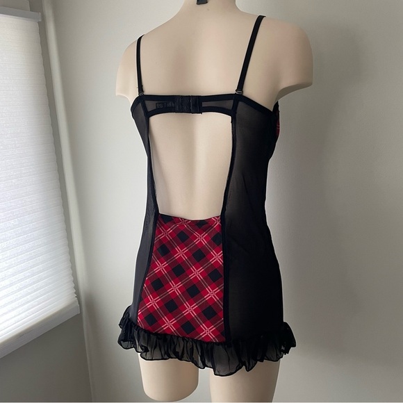 Hustler Lingerie Plaid Tartan Check Mesh Convertible Babydoll Red Black - Picture 6 of 8